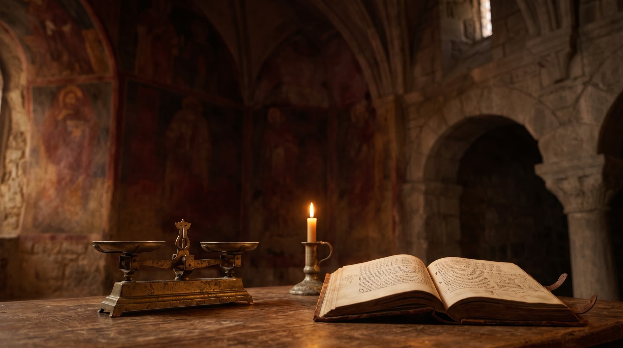 A brass balance scale and an open ancient book by candlelight in a frescoed sanctuary