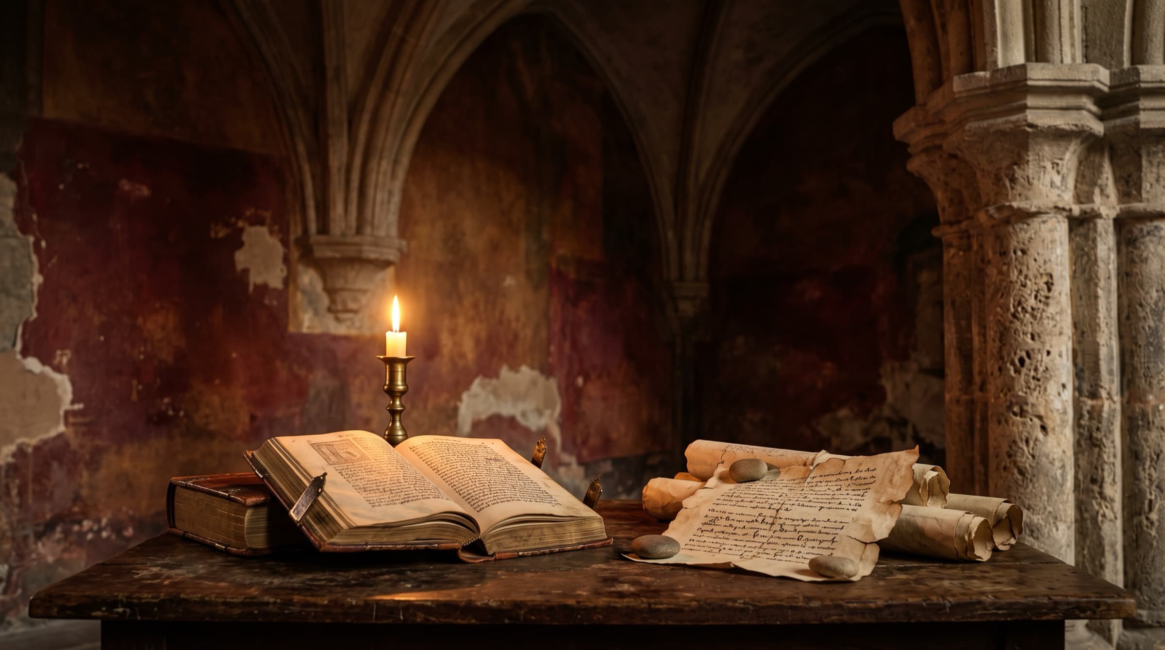 An open ancient book and scrolls beside a lit candle beneath stone arches in a sanctuary