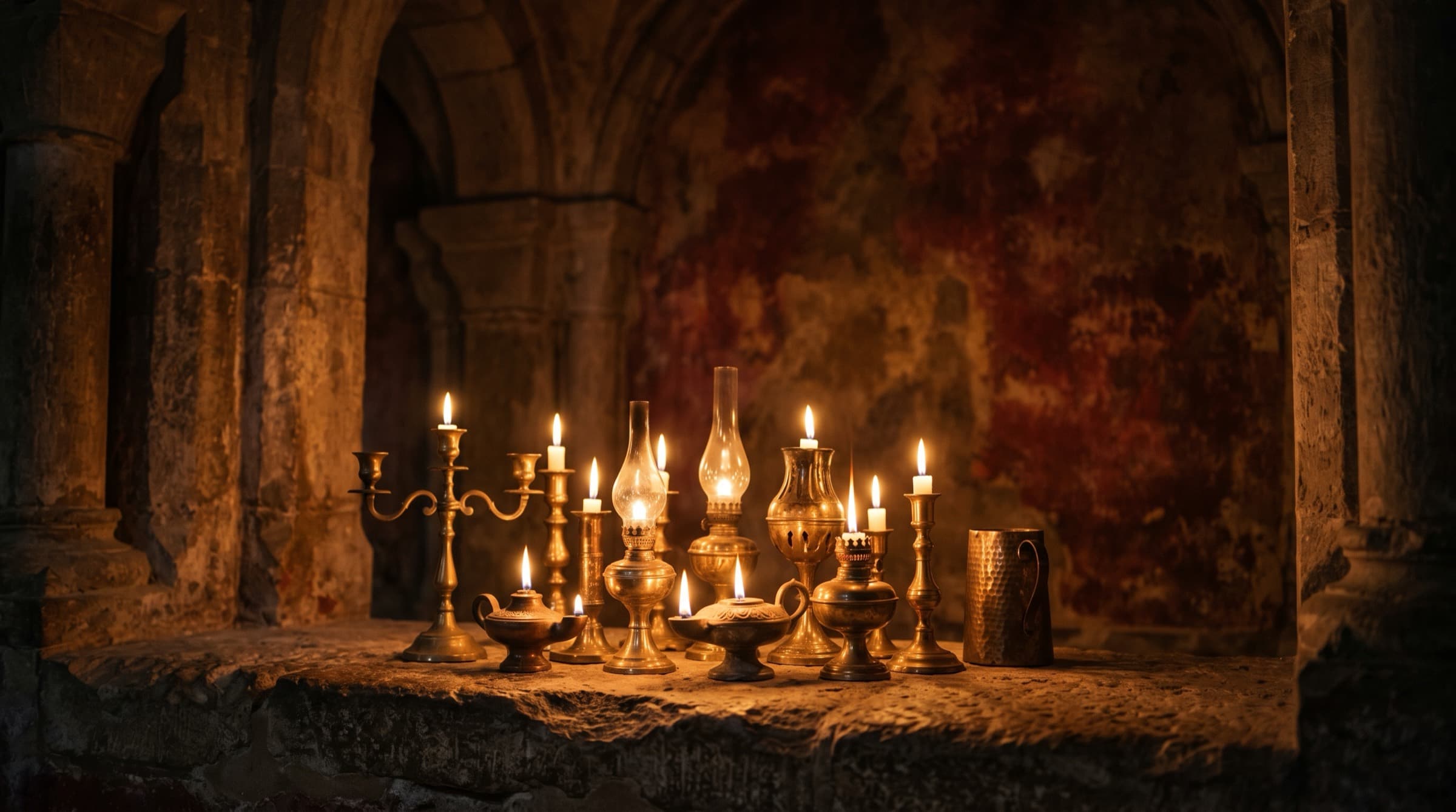 A gathering of varied brass lamps and candlesticks of different styles, lit together beneath stone arches
