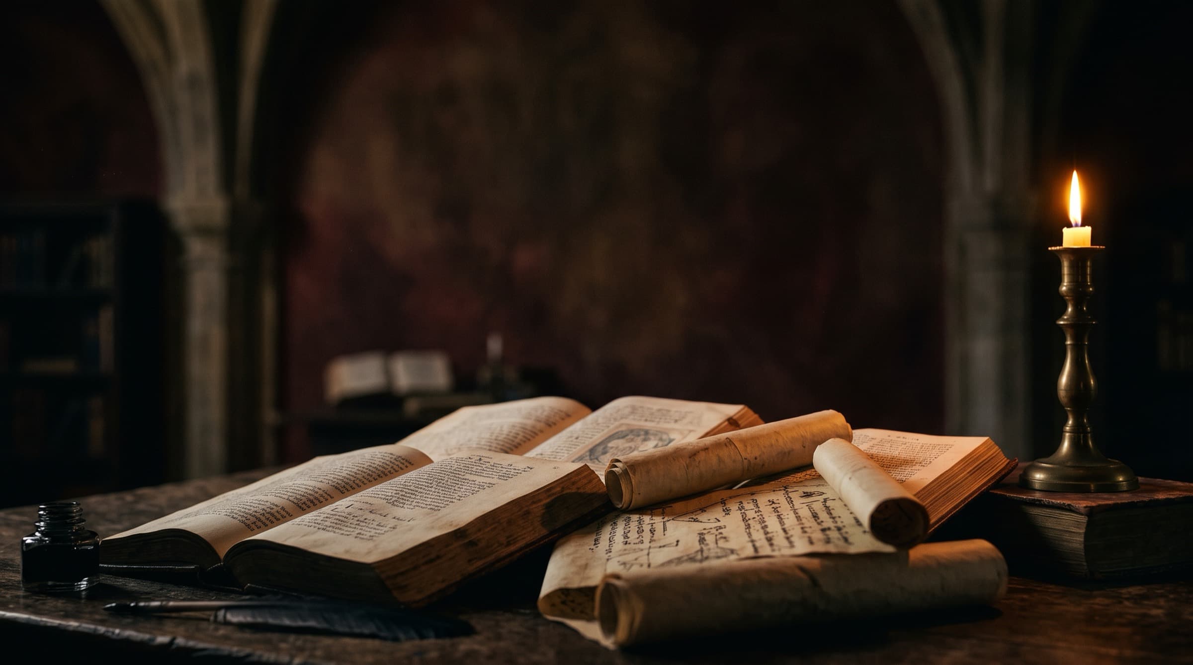 Open ancient books and unrolled scrolls gathered together on a wooden table in warm candlelight
