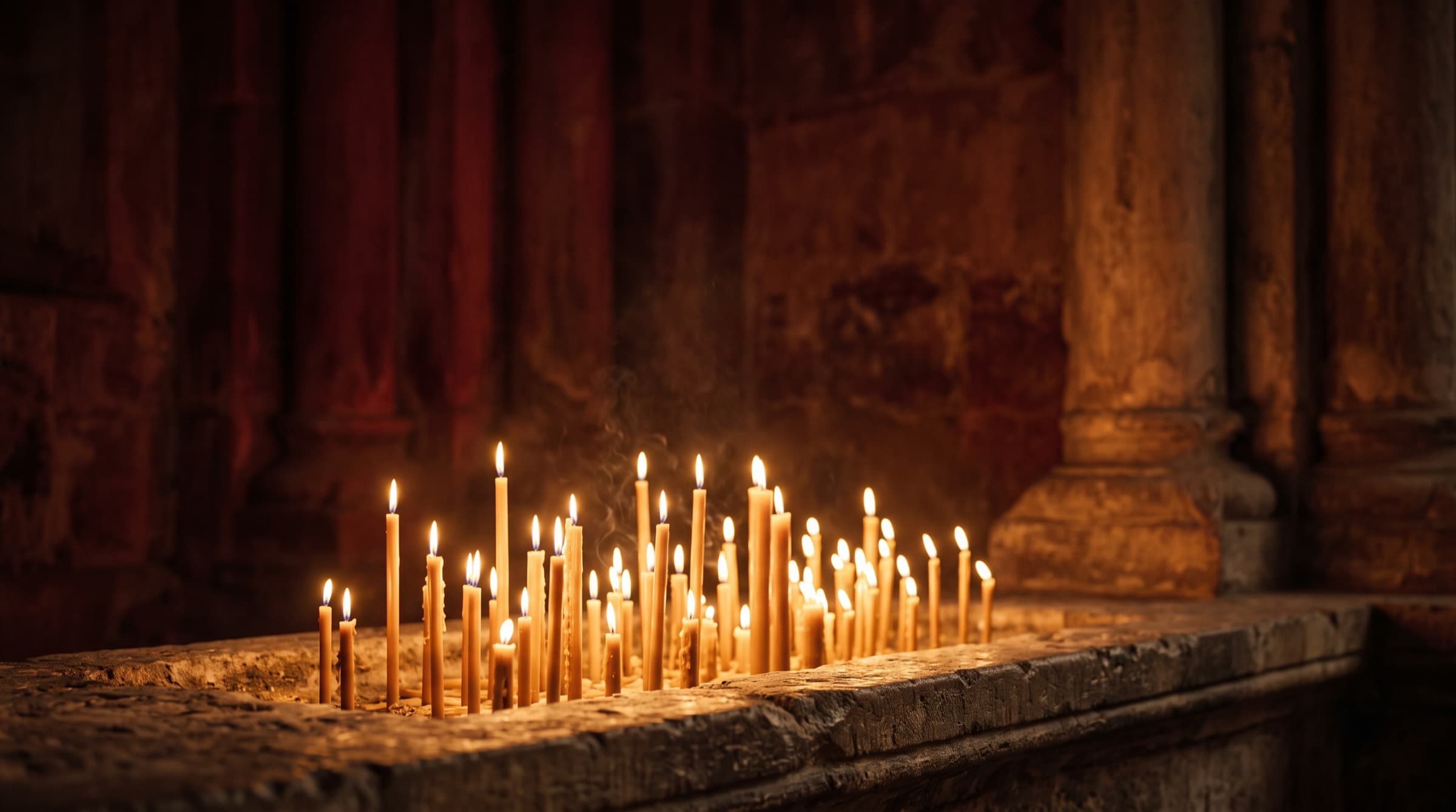 Many candles of different heights burning together as one warm light in a sacred candlelit space